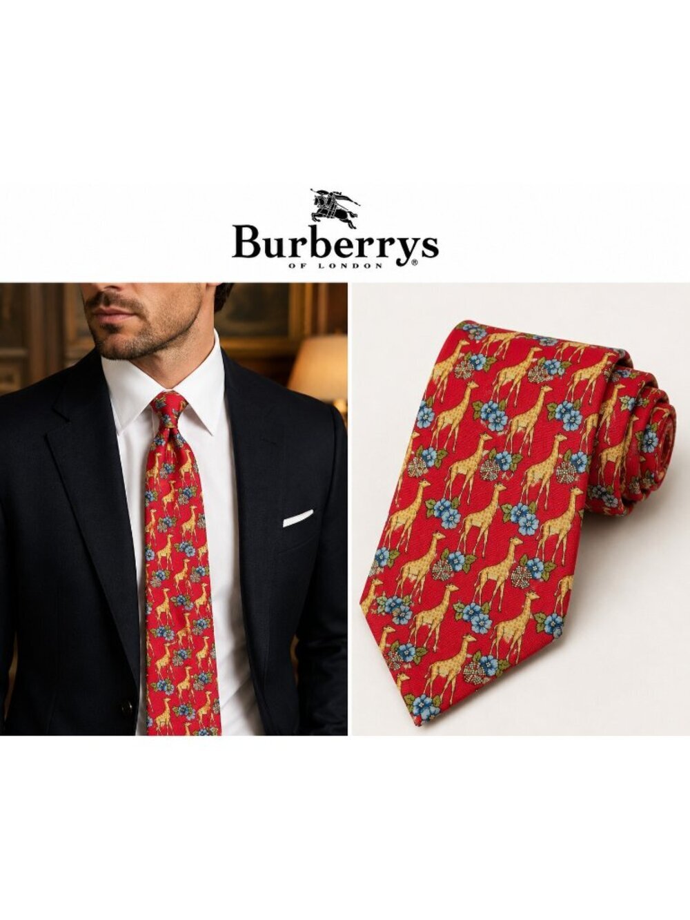 Vintage Burberrys of London 100% Silk Red Giraffe Floral Animal Print Tie